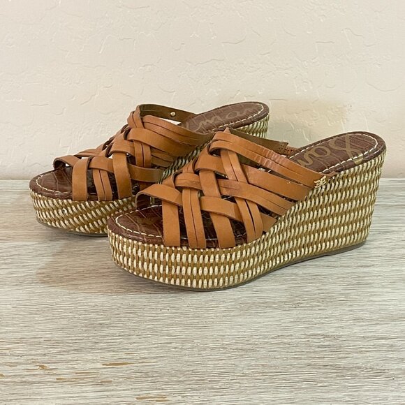 Sam Edelman Sandals Devon 6.5 Tan Leather Woven Platform Wedge Slides - Picture 2 of 12